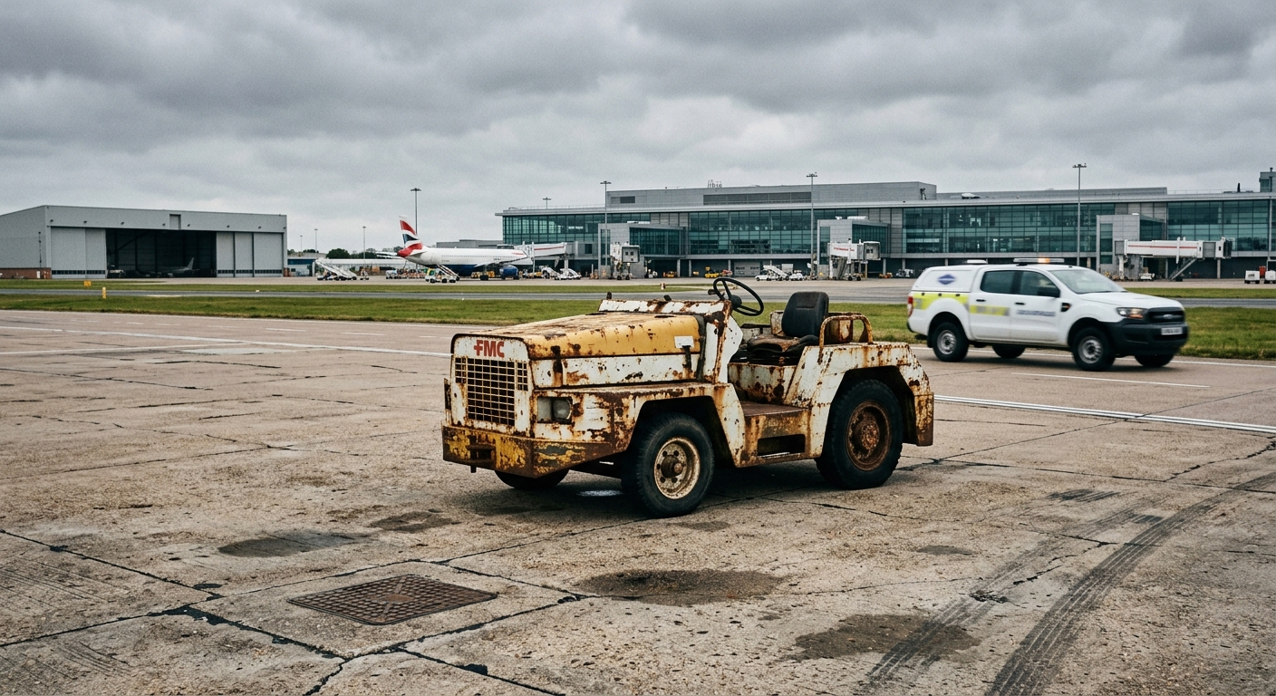an abandoned industrial airport tug vehicle parked on a concrete tarmac near a commercial airport terminal building, with a blurred security vehicle in the back