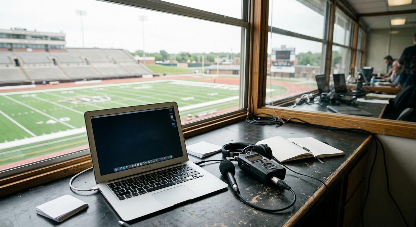 an open laptop computer and a digital audio recorder resting on a countertop inside a university stadium press box, looking out through a large glass window ont