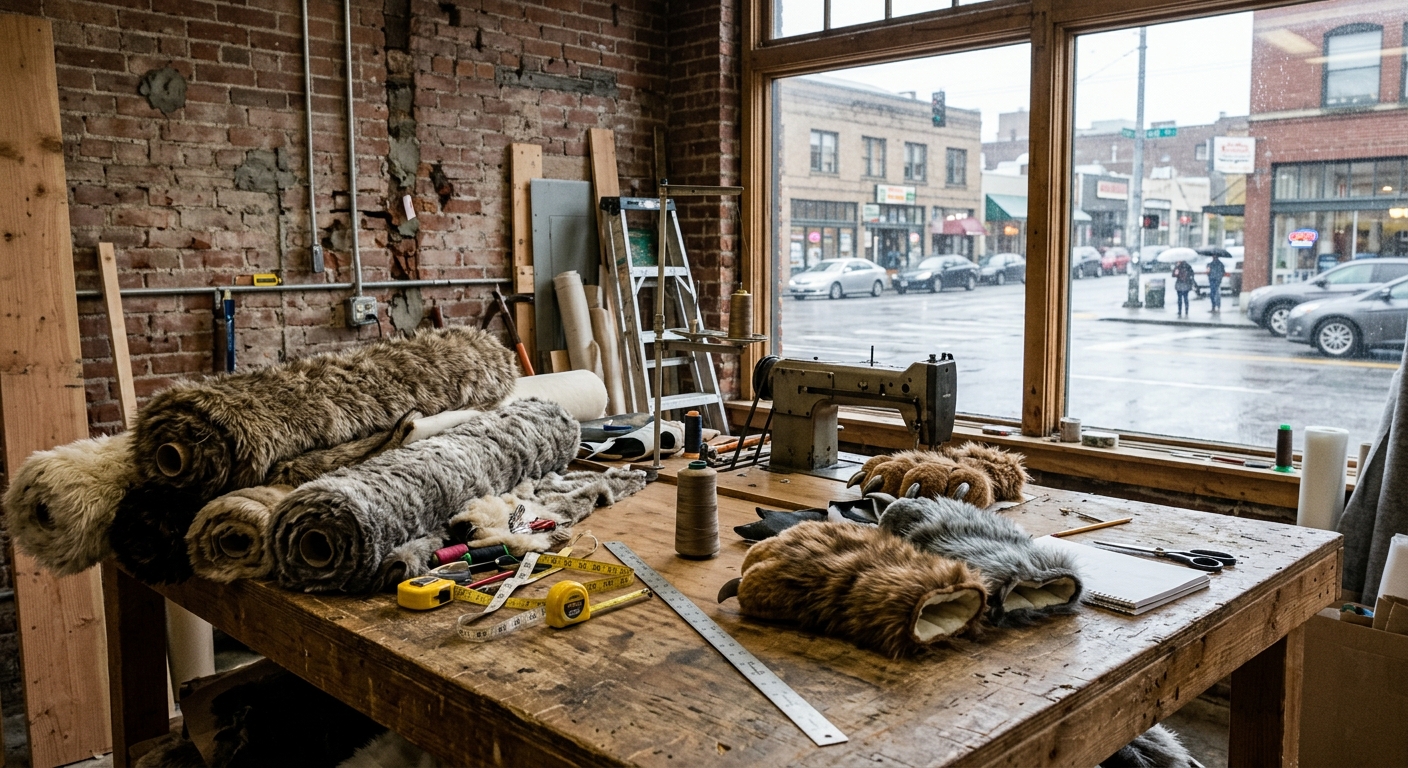 a wooden workbench covered in rolls of textured faux fur fabric, measuring tapes, and fluffy animal costume paws inside a retail space undergoing renovation, fe