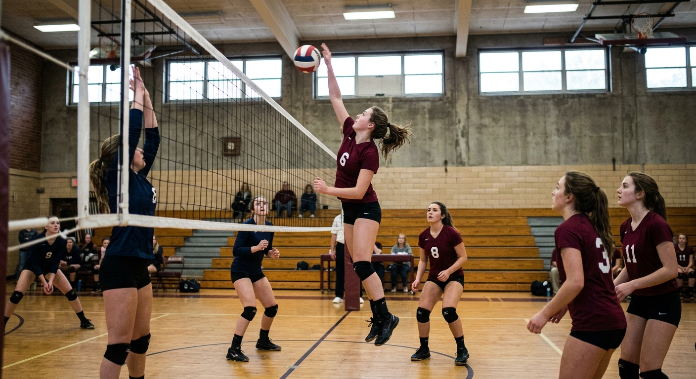 female athletes playing a volleyball match inside a local high school gymnasium with wooden floors, one player mid-air at the net for a spike while teammates st