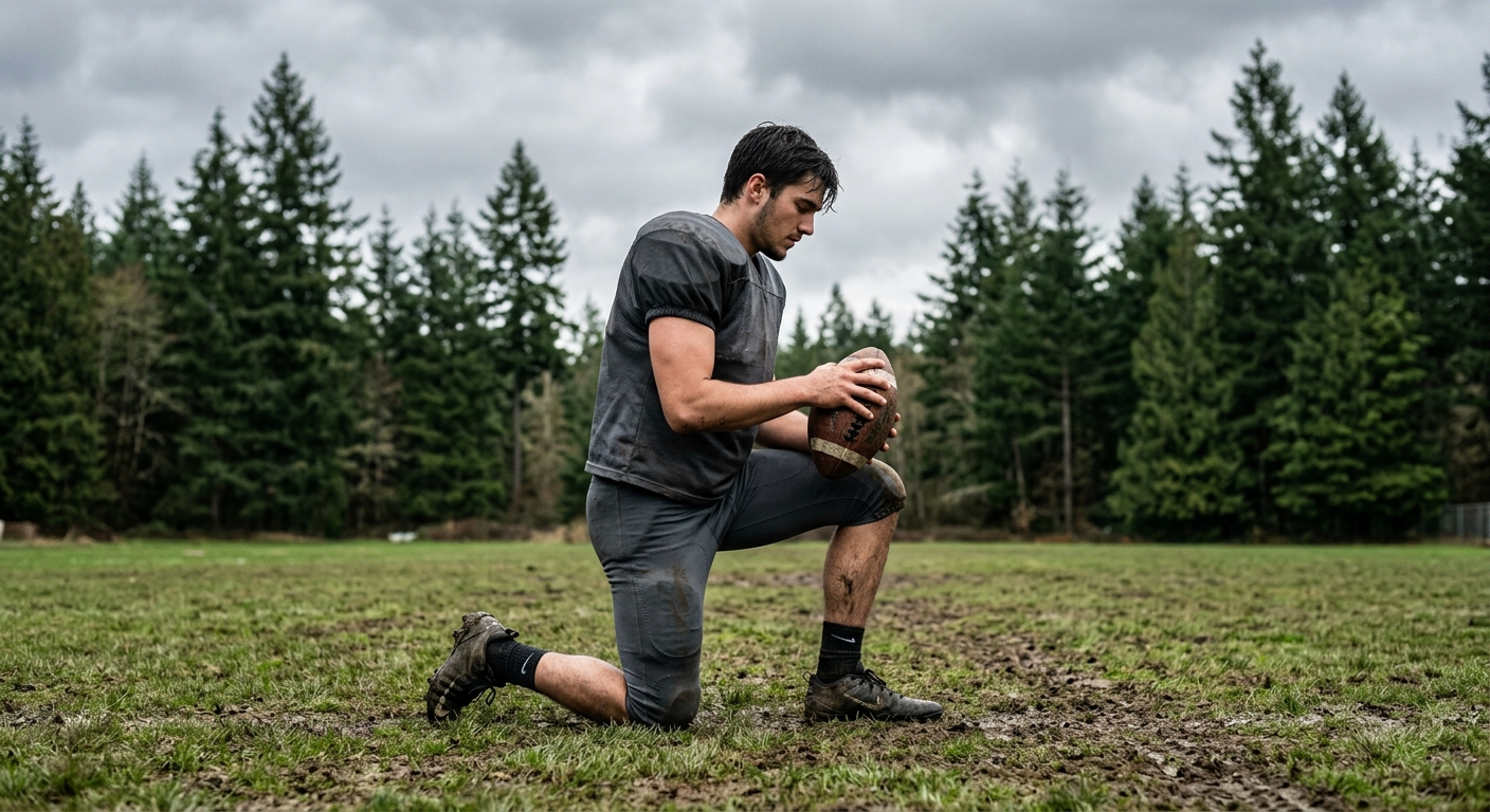 an athletic young man in generic, unbranded football practice gear taking a knee on a slightly muddy grass field, holding a worn football, with tall evergreen t