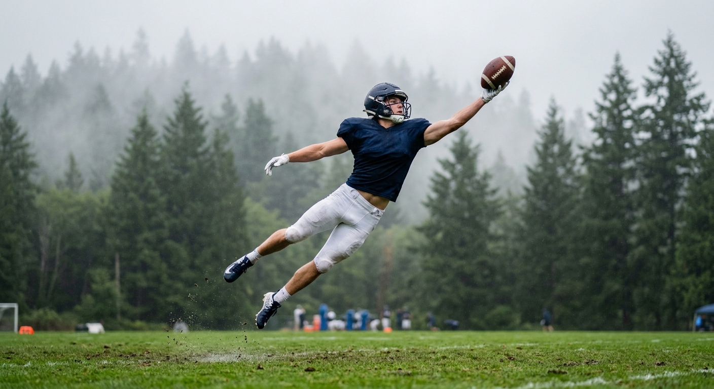 a football player in a generic navy and white uniform leaping to make a one-handed catch on a wet grass practice field, surrounded by misty evergreen trees in t