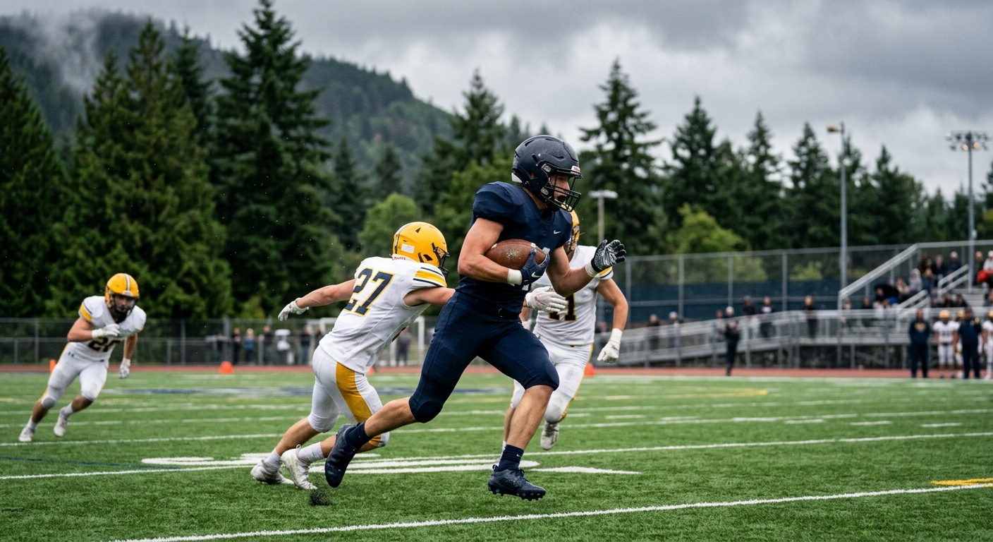 a high school football player carrying a worn leather football down a green artificial turf field, wearing a solid dark uniform, evading a tackle from opposing