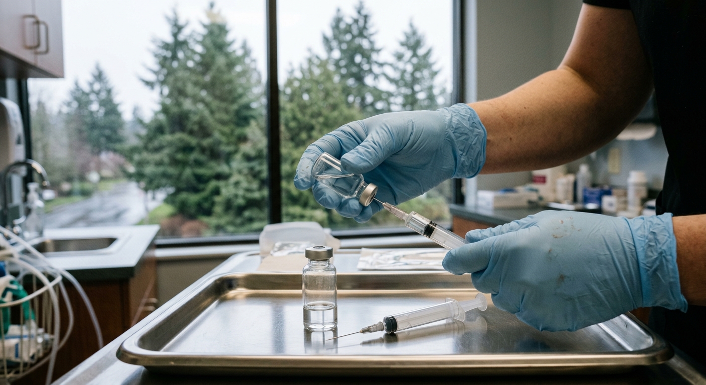 a healthcare worker's gloved hands preparing a clear, unlabelled medical syringe and a plain glass vial over a stainless steel tray in a clinic room, with a win