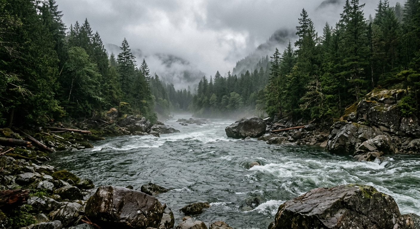 a wide, fast-flowing river surrounded by dense evergreen trees and rocky banks on an overcast day in the Pacific Northwest, with mist hanging low over the cold