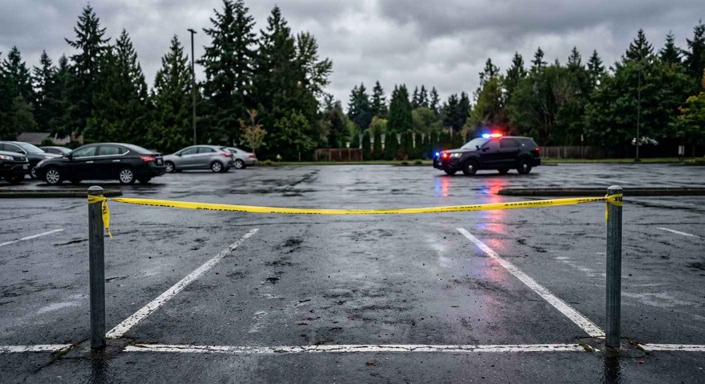 a wet suburban parking lot on an overcast day, a strip of yellow caution tape cordoning off a parking space, blurred flashing red and blue lights from an unmark