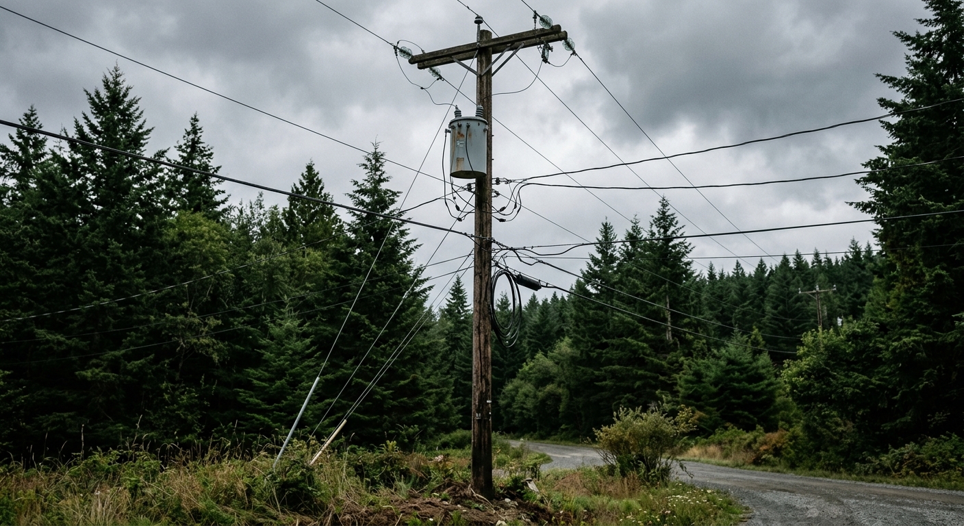 a wooden utility pole with a cylindrical electrical transformer and power lines, set against a backdrop of dense evergreen trees and an overcast sky, natural ev