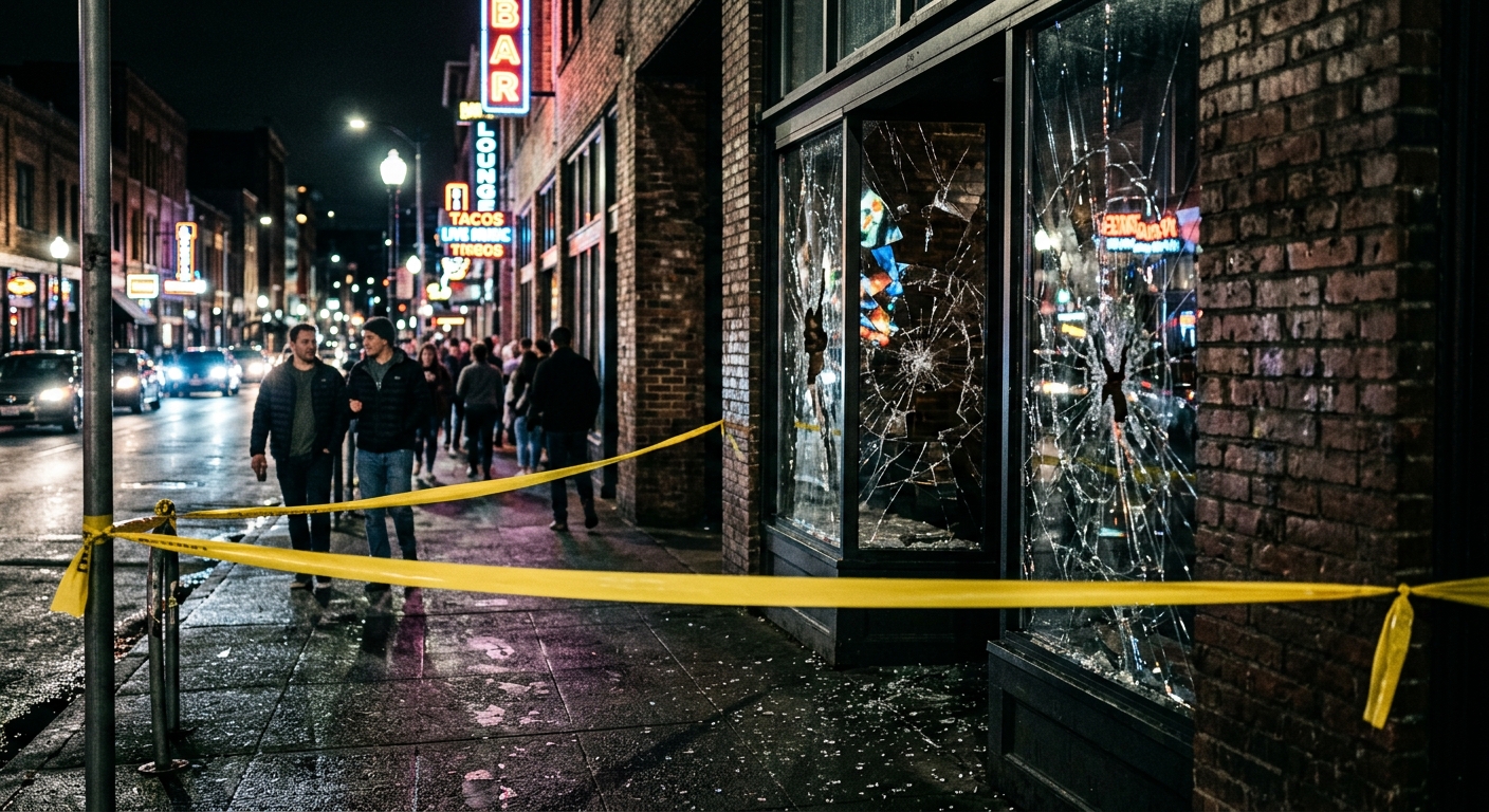 a shattered glass window in an urban nightlife district, a strip of plain yellow caution tape cordoning off a wet sidewalk in the foreground, brick buildings ty