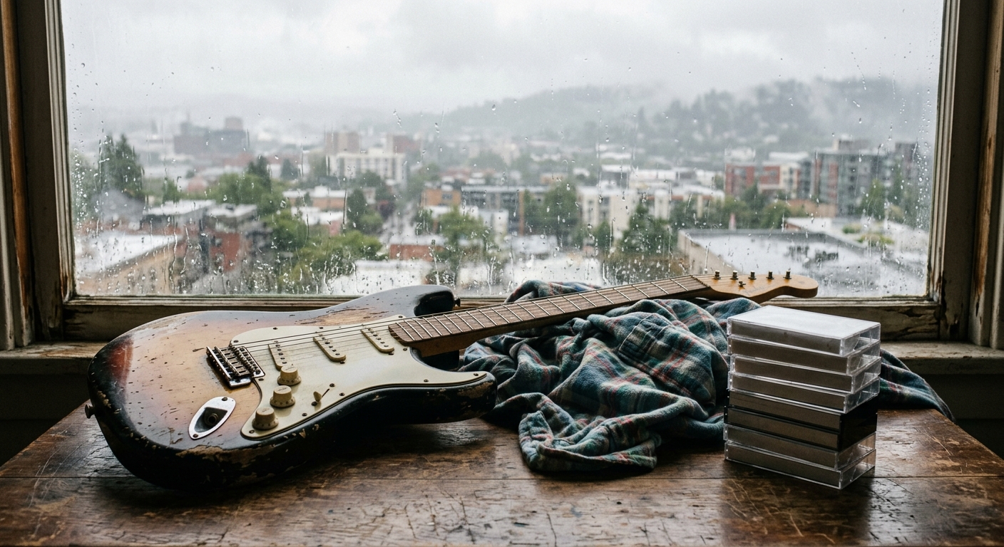 a worn electric guitar, a faded plaid flannel shirt, and a stack of blank cassette tapes resting on a scratched wooden table next to a rain-streaked window look