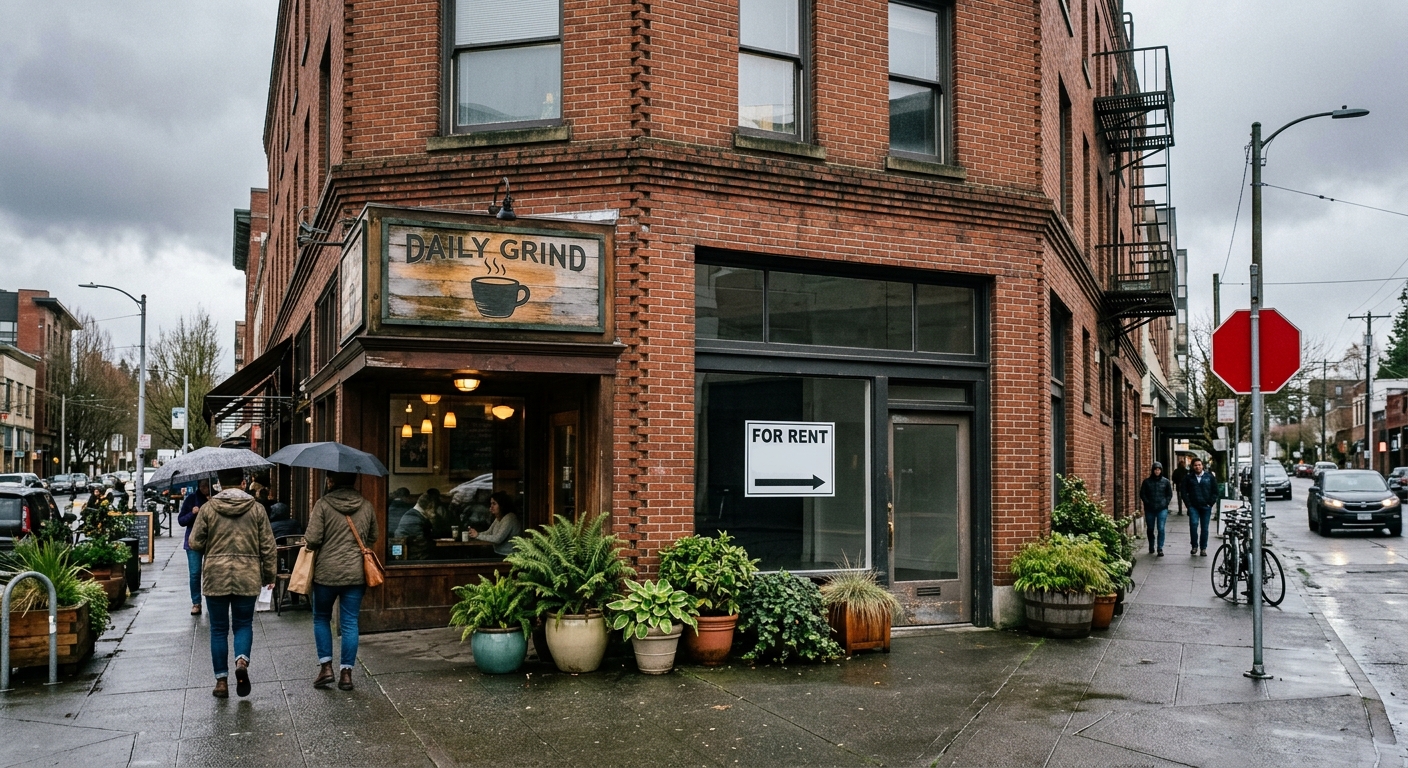 an urban street corner in the Pacific Northwest featuring a classic brick building with a small local cafe next to a vacant storefront, potted plants resting on