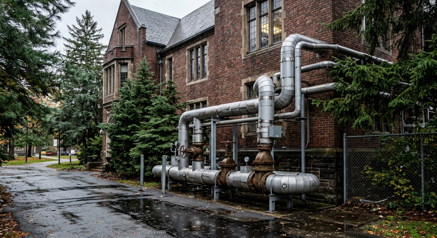 industrial heating and cooling infrastructure featuring large insulated metal pipes and utility valves installed alongside a traditional brick university buildi