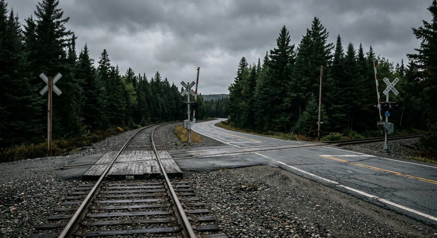 an empty rural railroad crossing with steel tracks stretching alongside an asphalt highway, surrounded by dense evergreen trees under a gloomy, overcast sky, na