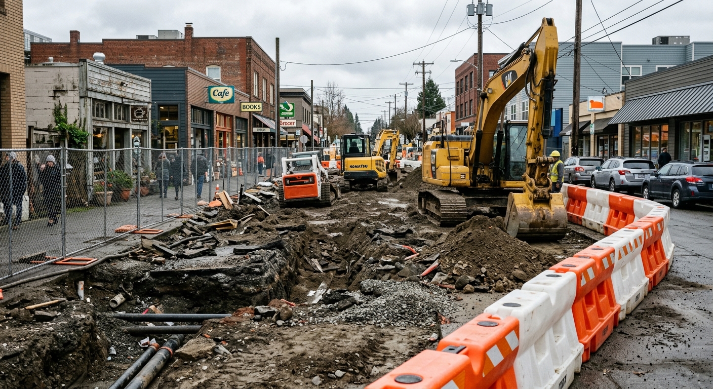 a torn-up city street under construction in a Pacific Northwest urban neighborhood, featuring orange traffic barricades, excavated dirt, and heavy construction