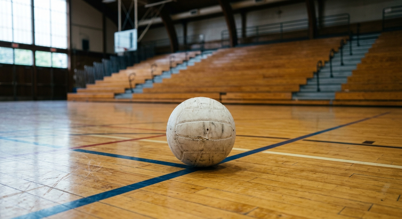 a worn white volleyball resting on a standard wooden high school gymnasium floor, with blurred empty bleachers in the background typical of a Pacific Northwest