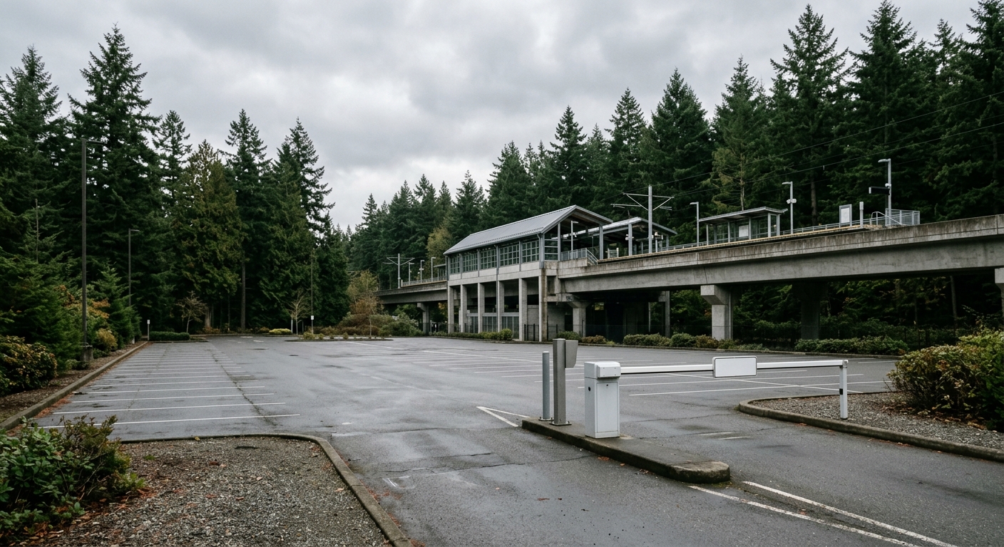 an empty paved parking lot next to an elevated light rail transit station, surrounded by tall evergreen trees under an overcast sky, featuring a blank automated