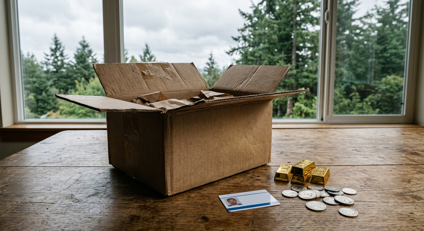 an opened brown cardboard delivery box on a wooden table, alongside a few small gold bars, scattered silver coins, and a generic plastic identification card, wi