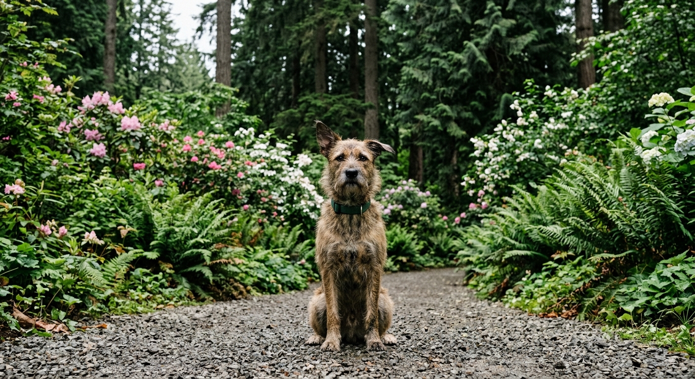 a mixed-breed dog sitting attentively on a gravel path surrounded by lush green ferns, blooming shrubs, and tall evergreen trees in a Pacific Northwest public g