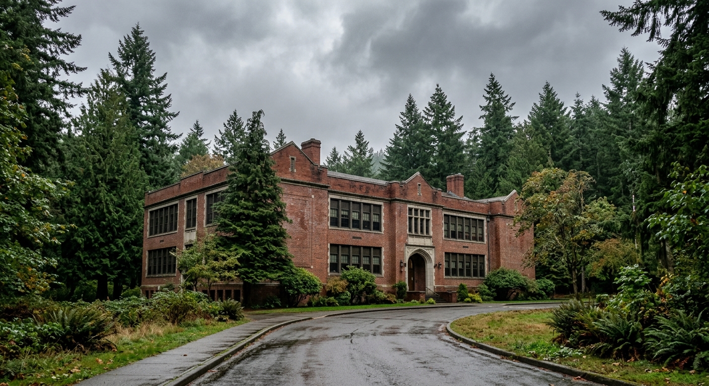 the exterior of a classic brick public school building surrounded by tall evergreen trees under an overcast sky, representing a Pacific Northwest educational se