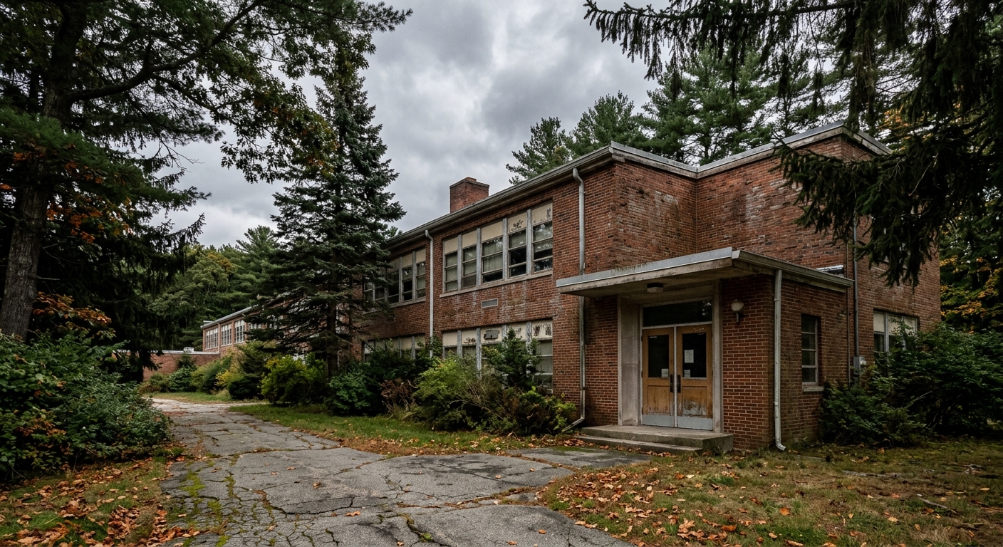 an aging, mid-century brick public school building exterior framed by tall evergreen trees under an overcast sky, showing signs of weathered infrastructure with
