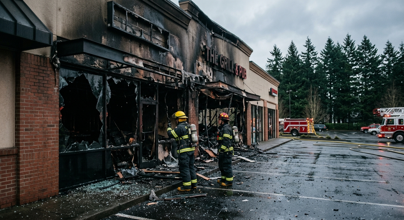 firefighters in protective gear inspecting the charred and smoke-damaged exterior of a suburban strip mall restaurant, shattered windows, wet asphalt, overcast