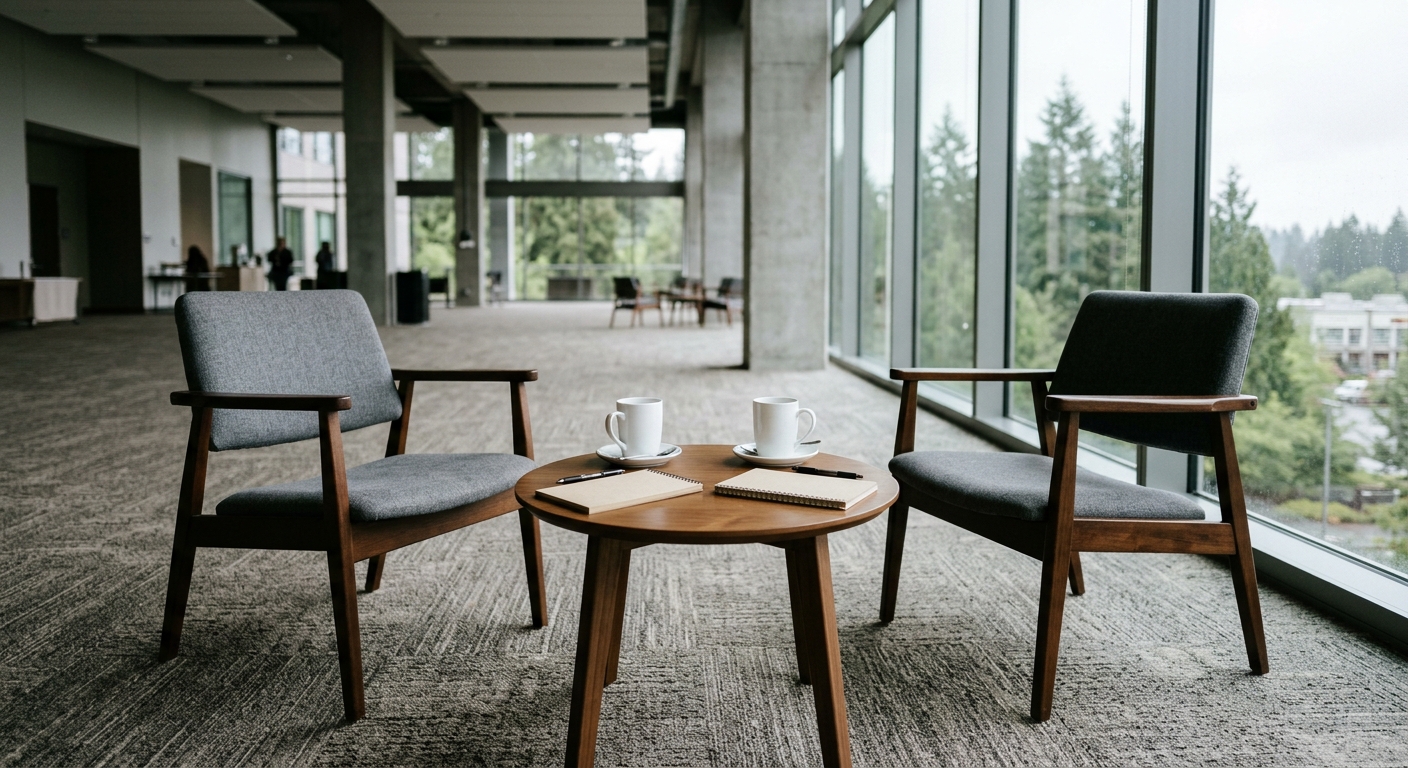 two empty chairs facing each other across a small round table with blank notepads and plain coffee cups, set up in a large modern conference hall with industria