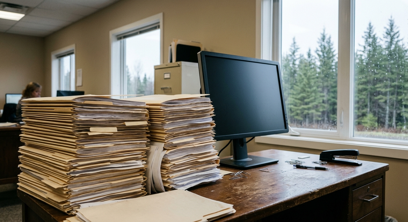 tall stacks of manila case files and loose paperwork piled next to a blank computer monitor on a wooden desk inside a municipal office building, with a window s