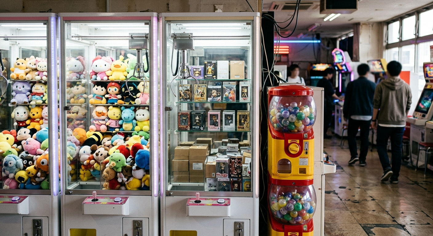 glass-fronted Japanese-style claw machines filled with plush toys and small boxed collectibles, standing next to stacked round capsule toy dispensers inside a c