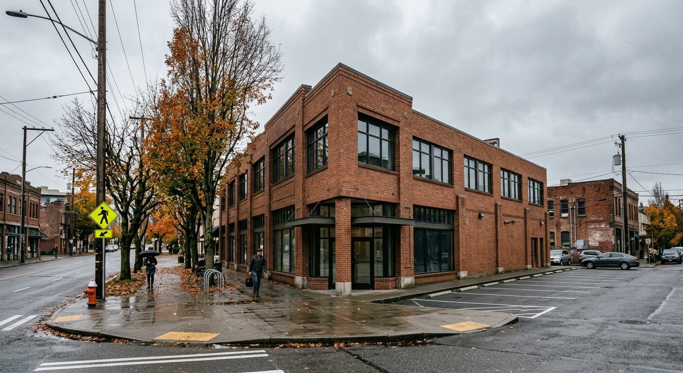 a mid-sized commercial brick and glass building on a city street corner under an overcast sky, featuring an empty adjacent parking area and a sidewalk lined wit