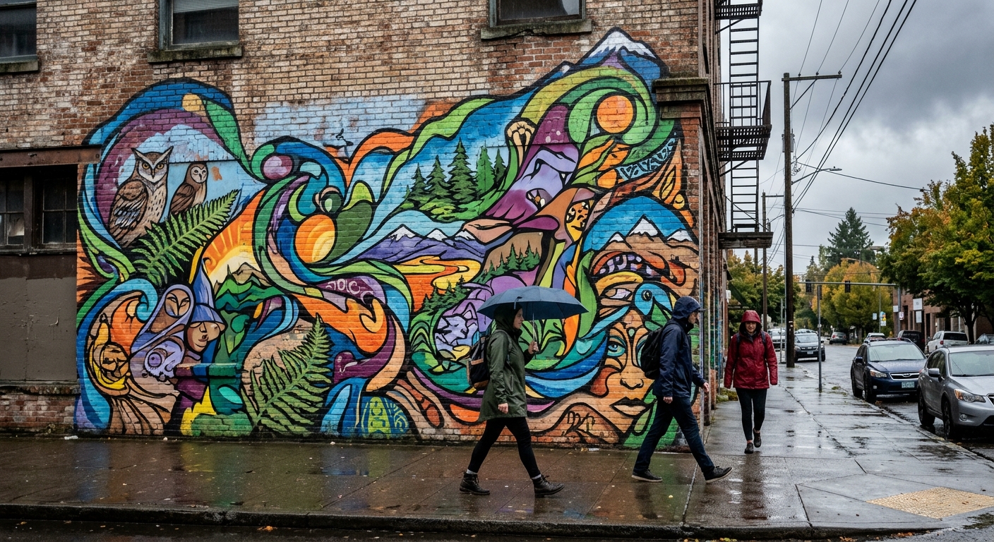 a brightly painted street art mural on the brick side of a city building, pedestrians in rain jackets walking past on a damp concrete sidewalk under an overcast