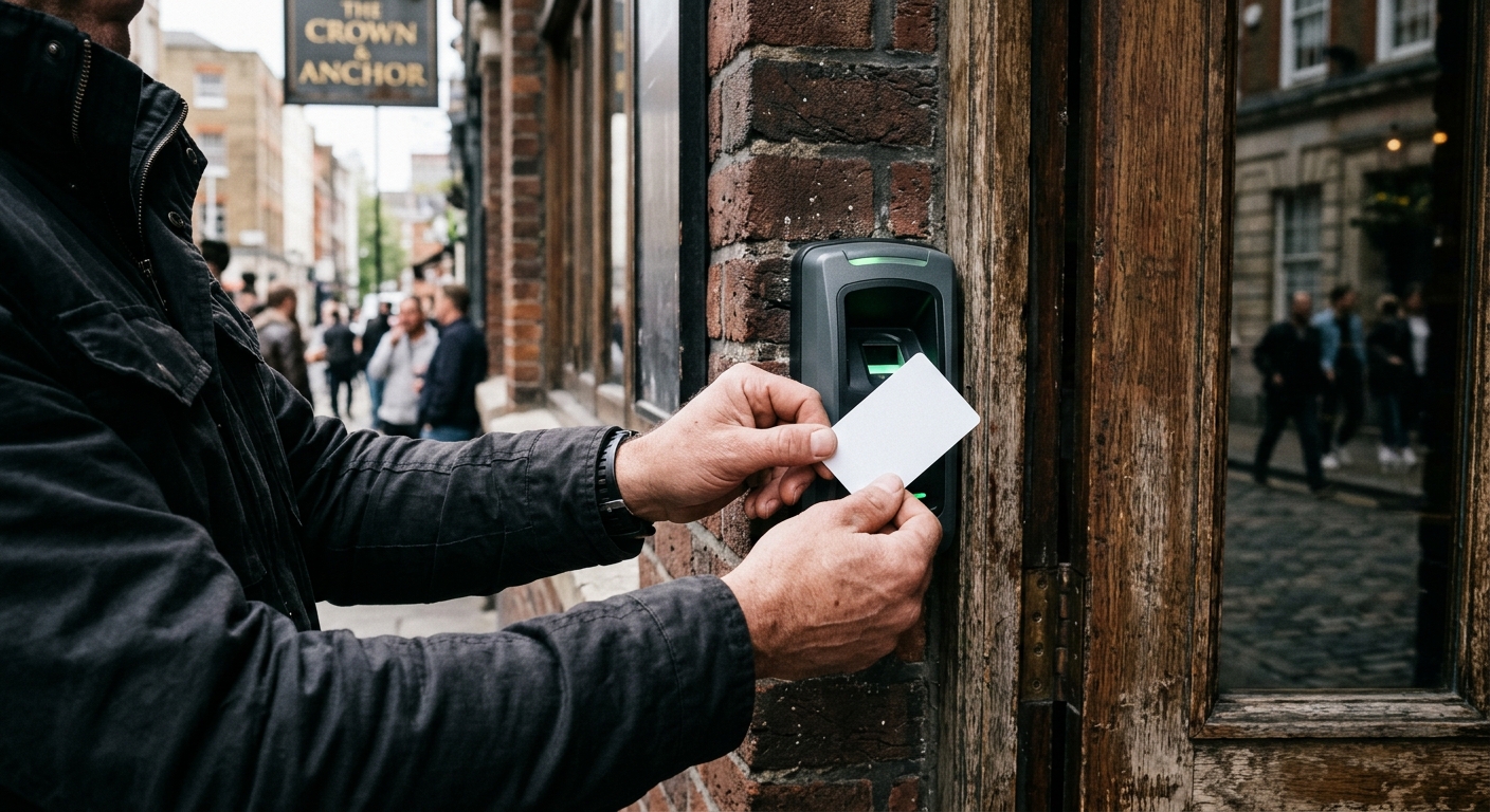 a security worker's hands inspecting a blank plastic card near an electronic scanning device at the entrance of a brick-exterior pub, natural everyday lighting,
