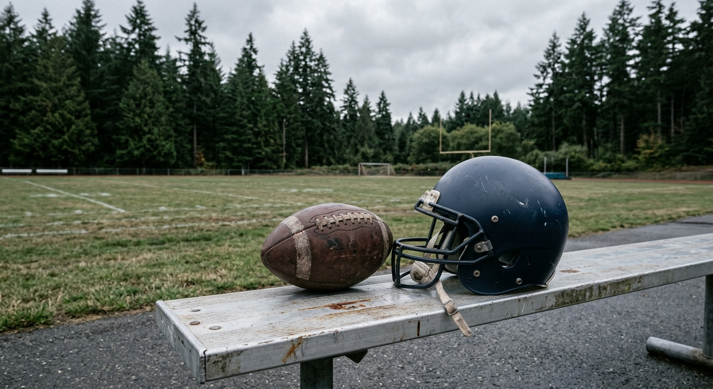 a worn leather football and a plain sports helmet resting on an aluminum sideline bench at an empty high school athletic field, surrounded by tall evergreen tre