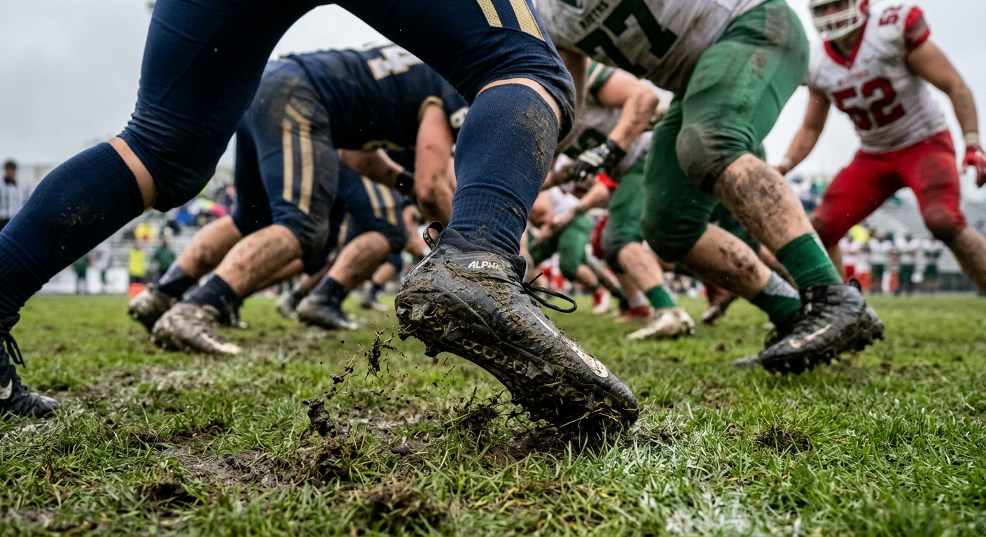 mud-covered football cleats digging into a grassy stadium field at the line of scrimmage during an overcast outdoor football game, the background slightly blurr