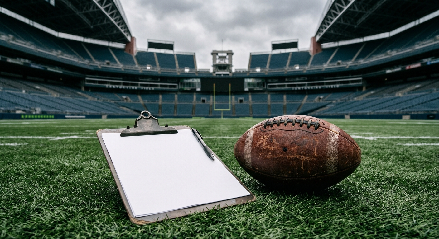 a blank coach's clipboard and a worn leather American football resting on damp green artificial turf in a large outdoor stadium, overcast sky typical of the Pac