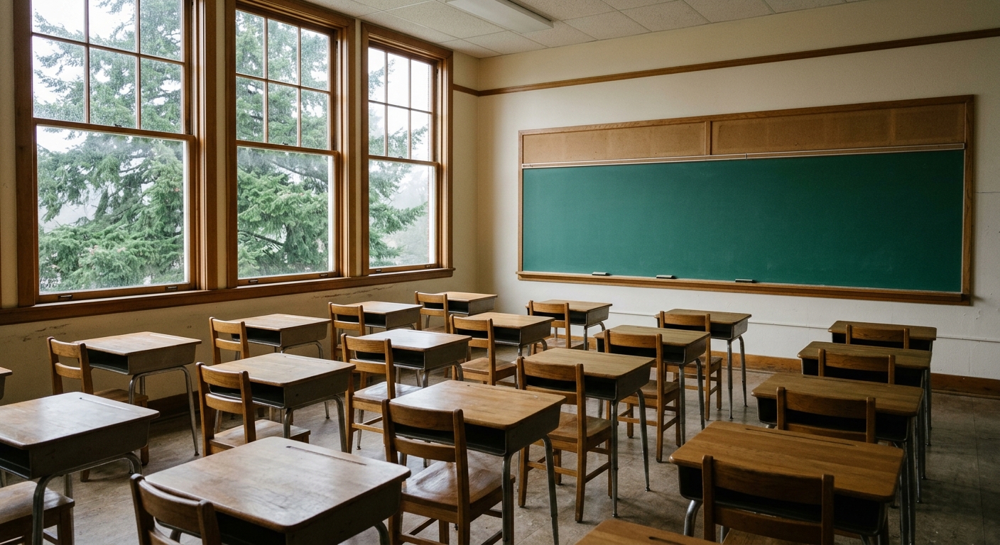 an empty, quiet classroom in an older elementary school, featuring rows of wooden desks and chairs facing a blank green chalkboard, tall windows showing an over