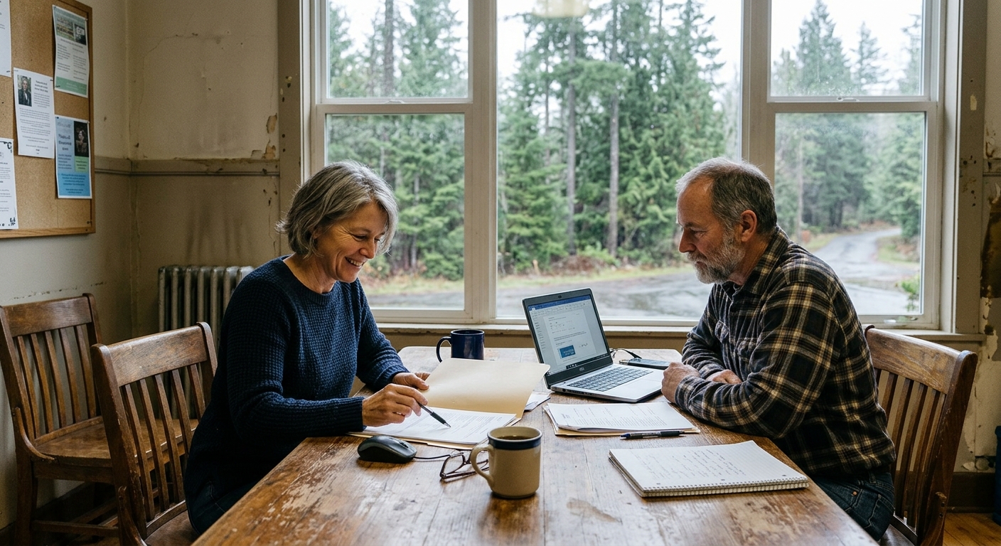 two adults sitting together at a wooden table inside a modest community center room, looking over paperwork and a laptop, with coffee mugs nearby and a large wi