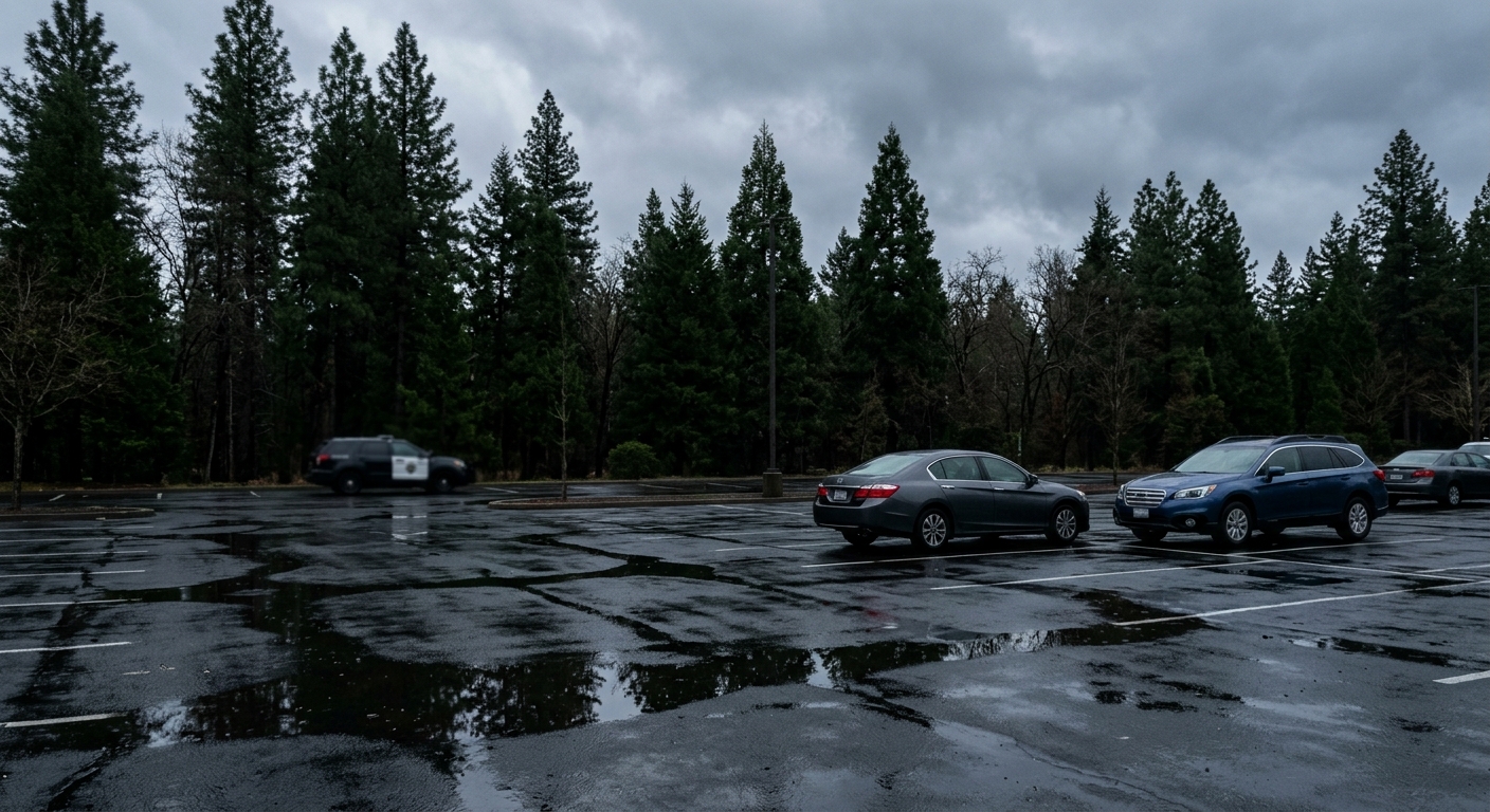 a wet suburban parking lot bordered by tall evergreen trees on a gray overcast day, with the out-of-focus silhouette of a law enforcement vehicle in the backgro