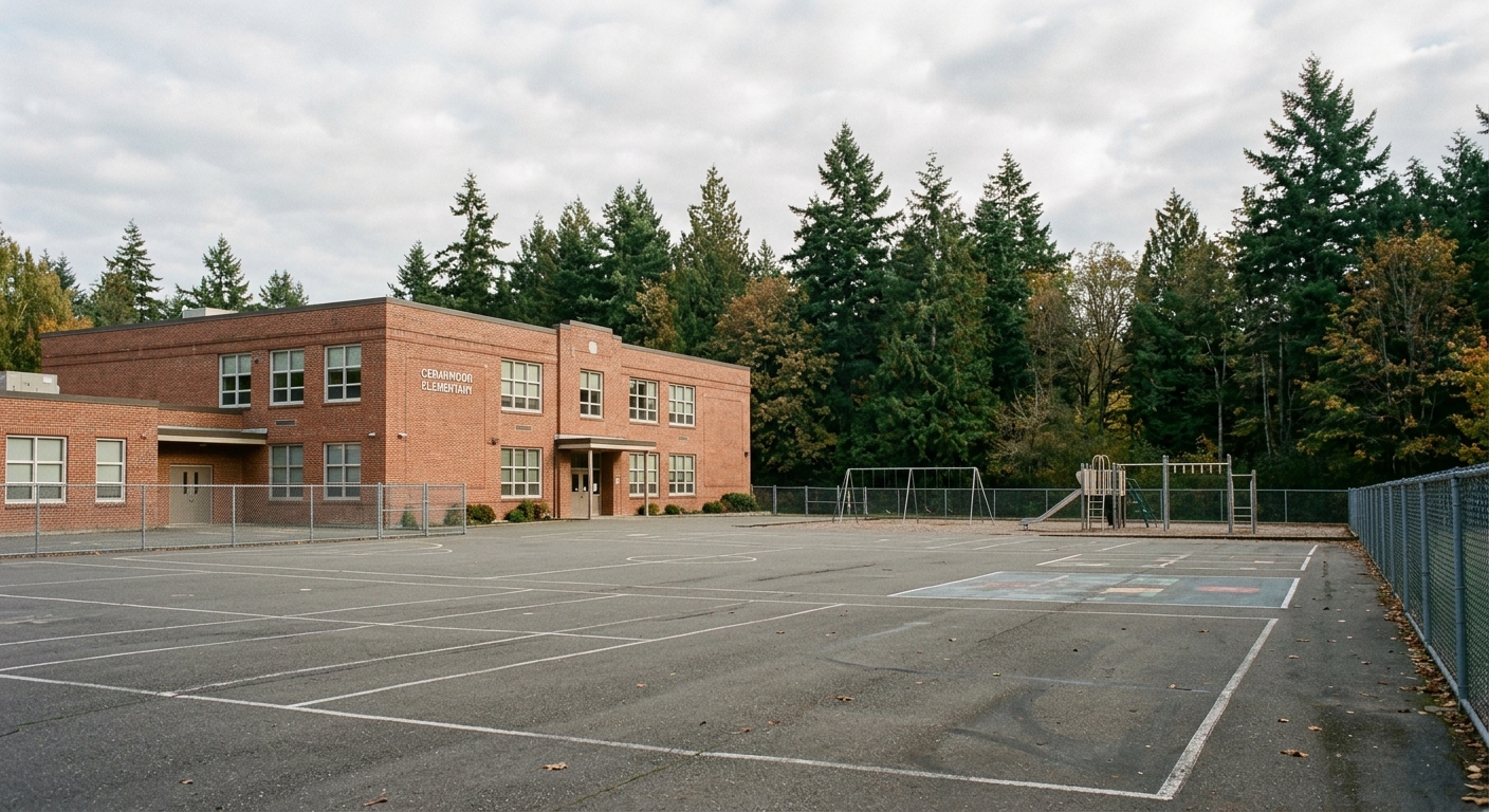 an empty asphalt playground and the brick exterior of a quiet suburban elementary school surrounded by tall evergreen trees on a slightly overcast day, natural