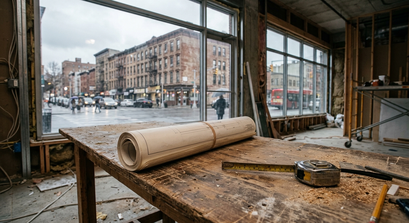 rolled architectural blueprints and a metal tape measure resting on a dusty wooden table inside an unfinished commercial restaurant space, with large street-fac