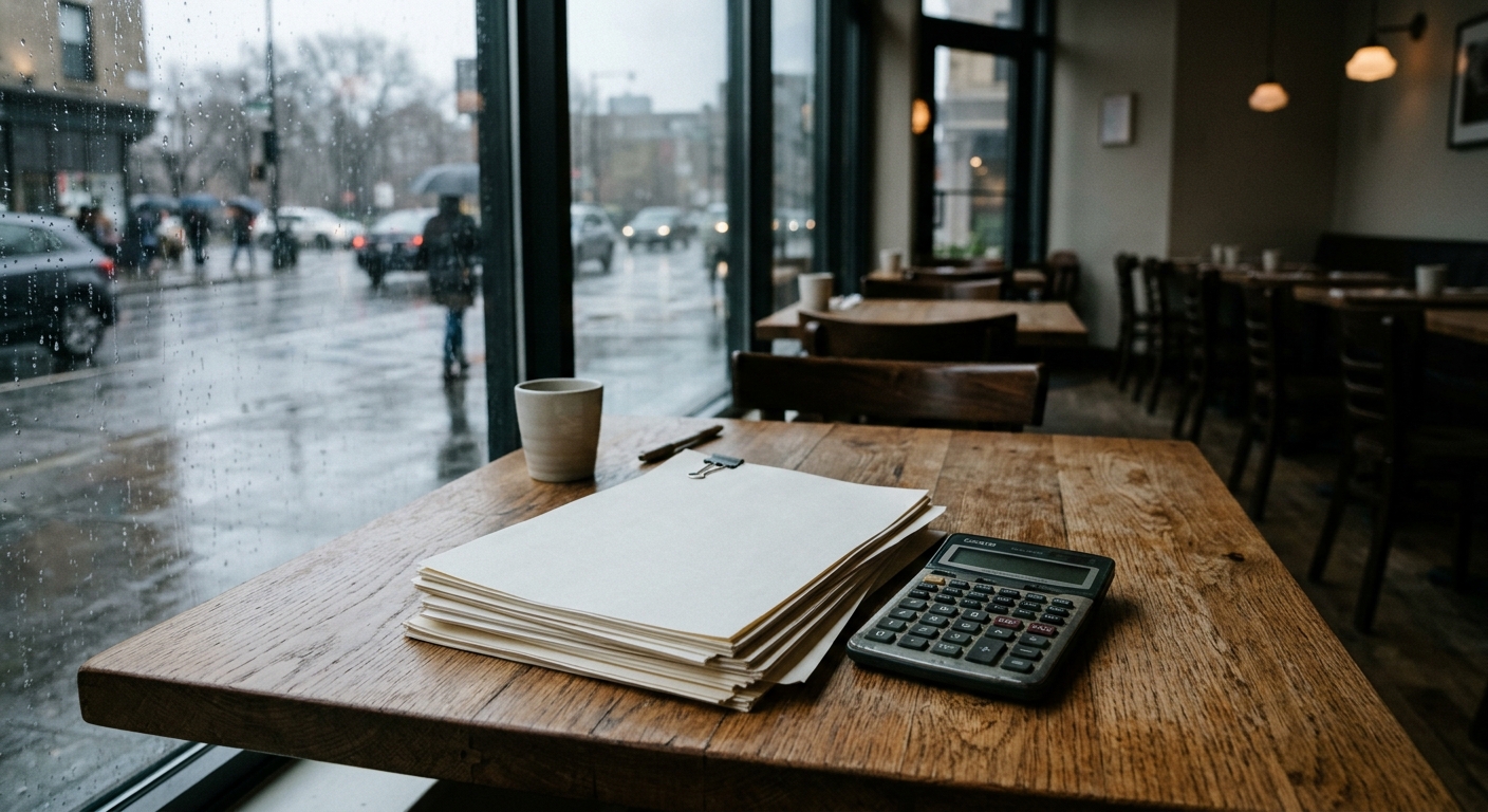 a stack of plain paper documents and a calculator on a wooden dining table inside an empty restaurant, with an overcast and rainy street visible through the win