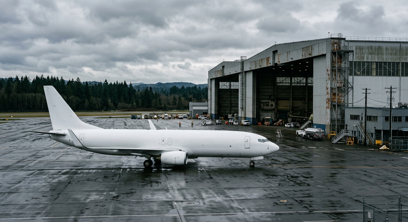 a generic large white commercial airplane parked on a wet tarmac outside a massive industrial assembly hangar, with distant evergreen trees under an overcast sk