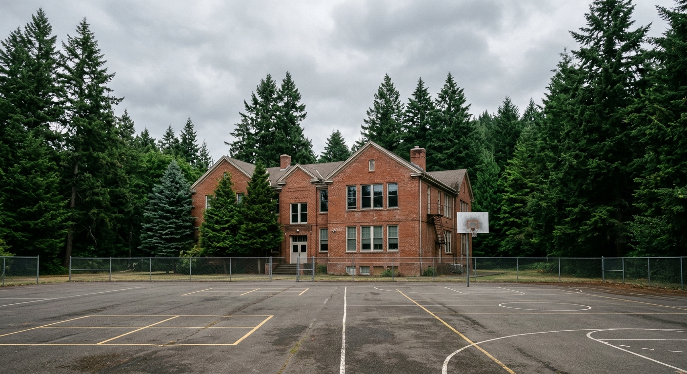 a brick public elementary school building surrounded by tall evergreen trees under an overcast sky, an empty asphalt playground in the foreground, natural every