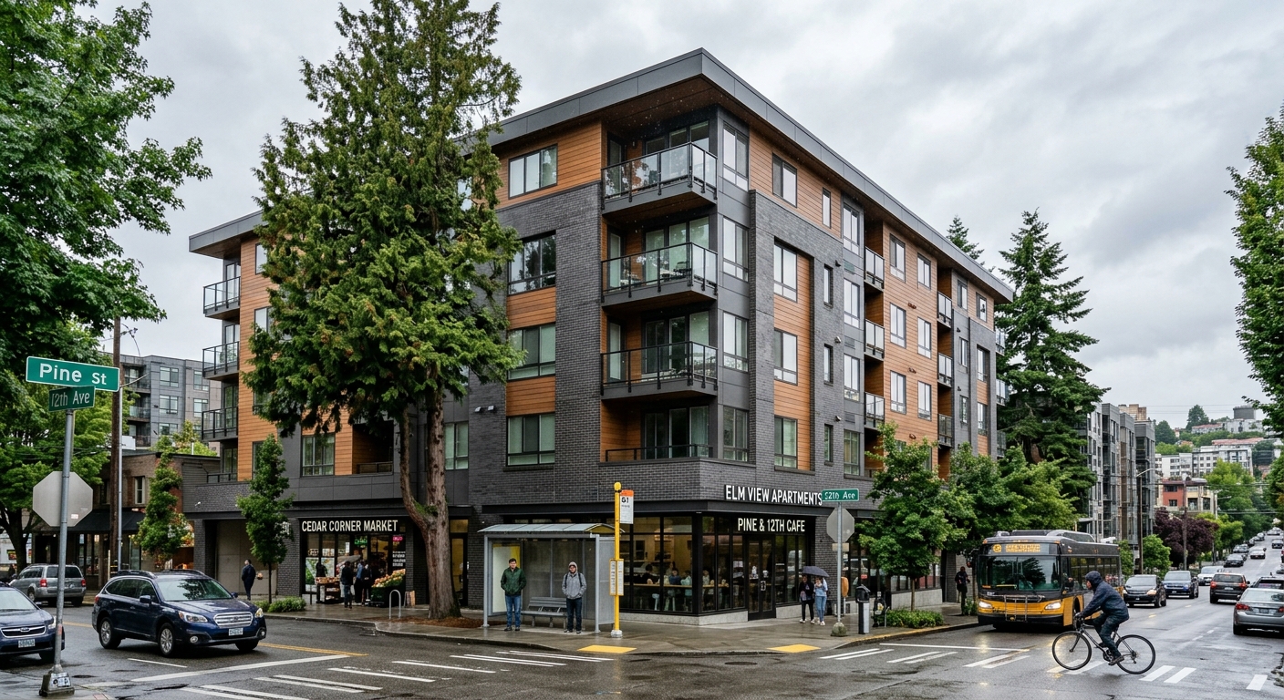 a contemporary six-story apartment building on an urban street corner in the Pacific Northwest, featuring a mix of brick and neutral paneling, with tall evergre