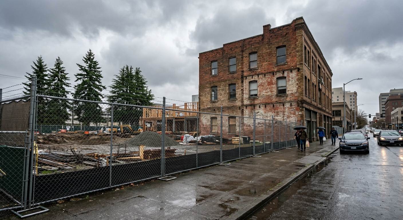 a fenced-off development lot next to an older brick building on a Pacific Northwest downtown street, featuring overcast skies, wet pavement, and a few evergreen